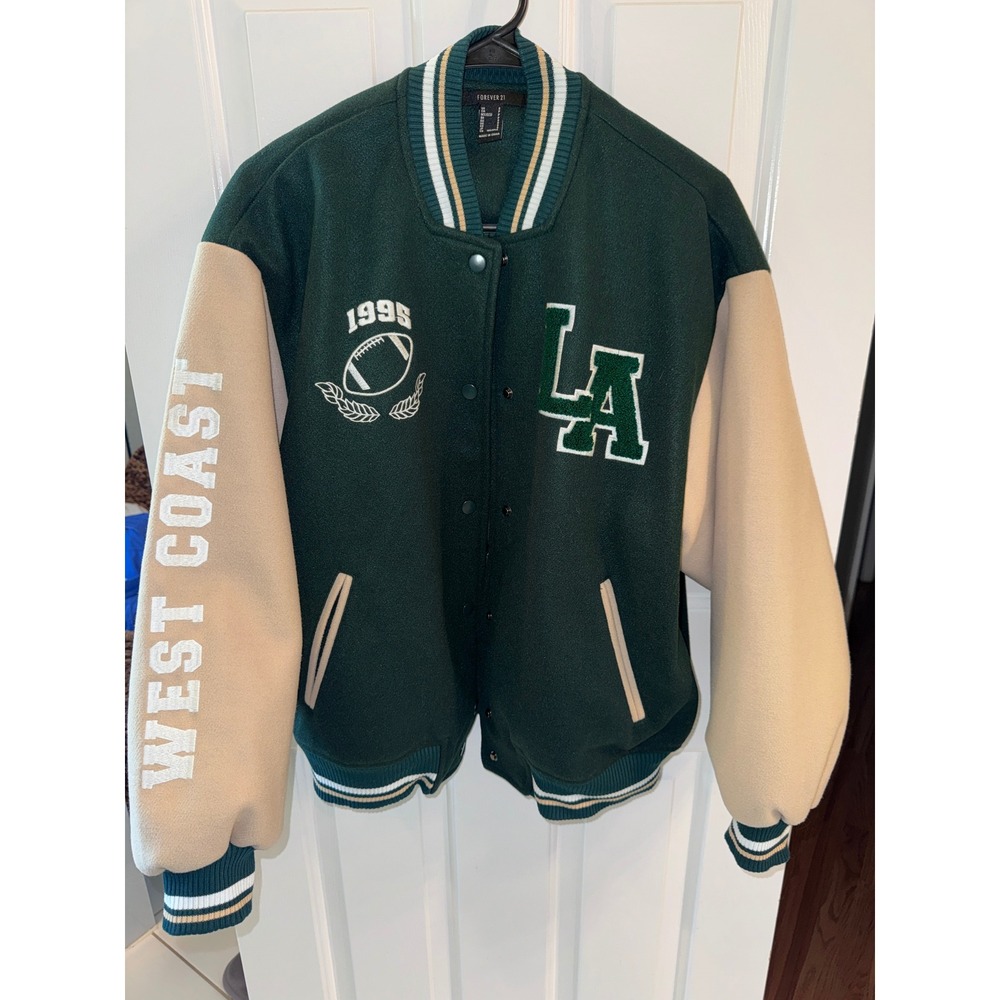 Forever 21 Mens Varsity Jacket Green Tan LA West Coast Football Small